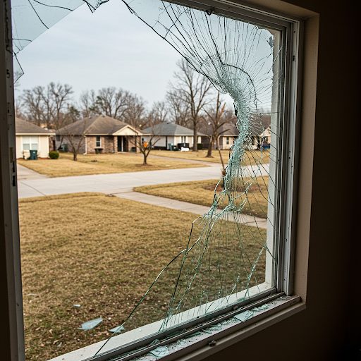 Broken residential window in Houston caused by hurricane damage requiring emergency repair.